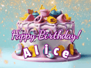 Happy Birthday Alice GIF: A beautiful birthday cake gif with animated sparkles and glitter Happy Birthday Name you can customize