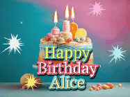 Happy Birthday Alice GIF: A colorful animated Happy Birthday Cake GIF with swirling sparkles and flickering candles. It reads Happy Birthday Name
