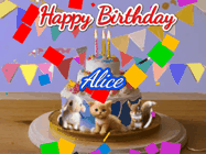 Happy Birthday Alice GIF: Happy Birthday Cake GIF with a cat, lamb, and squirrel on the cake with flickering candles, a sparkler, and falling confetti. Reads Happy Birthday Name and you can customize the name