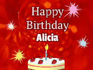 Happy Birthday Alicia GIF: A bright red happy birthday gif animated with a cake candle, and glitter and sparkles. Customize with name.