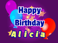 Happy Birthday Alicia GIF: A lovely purple birthday gif animated with moving text, a balloon, and bubbles. Customize it.