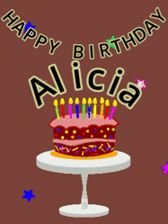Happy Birthday Alicia GIF: Animated birthday gif of a chocolate cartoon cake and stars. Animated text can be customized with name.