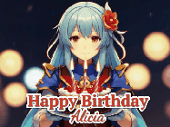 Happy Birthday Alicia GIF: Anime girl holding a birthday cake and an animated sword falls into it. Text reads Happy Birthday Customize