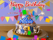 Happy Birthday Alicia GIF: Happy Birthday Cake GIF with a cat, lamb, and squirrel on the cake with flickering candles, a sparkler, and falling confetti. Reads Happy Birthday Name and you can customize the name