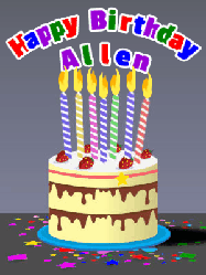 Happy Birthday Allen GIF: Cartoon style animated birthday cake gif with flickering candles, balloons, and stars. Customize the name banner.