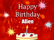 Happy Birthday Allen GIF: A bright red happy birthday gif animated with a cake candle, and glitter and sparkles. Customize with name.