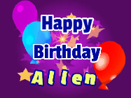 Happy Birthday Allen GIF: A lovely purple birthday gif animated with moving text, a balloon, and bubbles. Customize it.