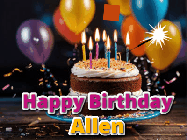 Happy Birthday Allen GIF: A birthday cake with flickering candles gif with text reading Happy Birthday and a Name slot to customize