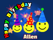 Happy Birthday Allen GIF: 3 emojis wearing party hats are happy for a birthday name you can customize on this blue animated happy birthday gif.