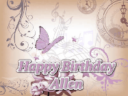 Happy Birthday Allen GIF: Classical birthday gif background with colorful musical notes floating past and a name you can customize, reads Happy Birthday.