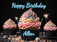 Happy Birthday Allen GIF: A delicious cupcake gif with animated sparkles reading Happy Birthday with a name to customize