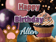 Happy Birthday Allen GIF: Cute Kitten Birthday Cupcake GIF with a cupcake raised by a cats head, then it pulls down text reading Happy Birthday Name