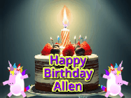 Happy Birthday Allen GIF: An animated gif with 2 unicorns and a birthday candle on a cake.