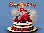 Happy Birthday Allen GIF: Animated GIF of a birthday cake covered in berries with 2 sparklers and a candle, reads Happy Birthday Name. Customize it.