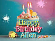 Happy Birthday Allen GIF: A colorful animated Happy Birthday Cake GIF with swirling sparkles and flickering candles. It reads Happy Birthday Name