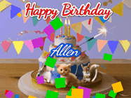Happy Birthday Allen GIF: Happy Birthday Cake GIF with a cat, lamb, and squirrel on the cake with flickering candles, a sparkler, and falling confetti. Reads Happy Birthday Name and you can customize the name