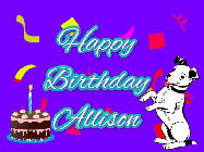 Happy Birthday Allison GIF: Silly happy birthday gif with a cute dog in a corner and rainbow animation confetti. Birthday cake in order with candle.
