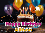 Happy Birthday Allison GIF: A birthday cake with flickering candles gif with text reading Happy Birthday and a Name slot to customize