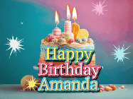 Happy Birthday Amanda GIF: A colorful animated Happy Birthday Cake GIF with swirling sparkles and flickering candles. It reads Happy Birthday Name