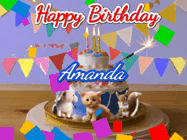 Happy Birthday Amanda GIF: Happy Birthday Cake GIF with a cat, lamb, and squirrel on the cake with flickering candles, a sparkler, and falling confetti. Reads Happy Birthday Name and you can customize the name