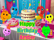 Happy Birthday Amber GIF: A birthday animated gif with a party room in the background and cute balloons, cake, and name to customize.