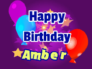 Happy Birthday Amber GIF: A lovely purple birthday gif animated with moving text, a balloon, and bubbles. Customize it.