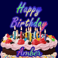 Happy Birthday Amber GIF: A dark blue birthday gif with a beautiful cake with flickering candles, background sparkles and a name to customize.