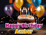Happy Birthday Amber GIF: A birthday cake with flickering candles gif with text reading Happy Birthday and a Name slot to customize