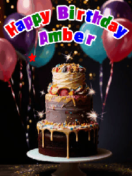 Happy Birthday Amber GIF: Beautiful birthday cake animated gif, a celebration of balloons, confetti, and sparklers. Customize banner and name.