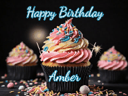 Happy Birthday Amber GIF: A delicious cupcake gif with animated sparkles reading Happy Birthday with a name to customize