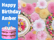 Happy Birthday Amber GIF: Beautiful flower animated gif birthday card with a little cake in the corner and a name to customize.