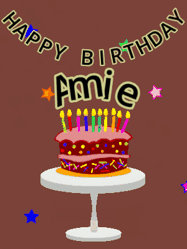 Happy Birthday Amie GIF: Animated birthday gif of a chocolate cartoon cake and stars. Animated text can be customized with name.