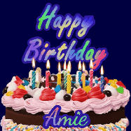 Happy Birthday Amie GIF: A dark blue birthday gif with a beautiful cake with flickering candles, background sparkles and a name to customize.