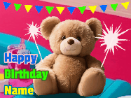Happy Birthday Amie GIF: A cute birthday teddy bear animated birthday gif with the bear holding sparklers and text to customize.