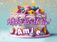 Happy Birthday Amie GIF: A beautiful birthday cake gif with animated sparkles and glitter Happy Birthday Name you can customize