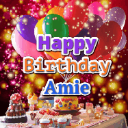 Happy Birthday Amie GIF: Animated happy birthday gif on a bright red glittery background and 3 lines of text reading Happy Birthday Customize