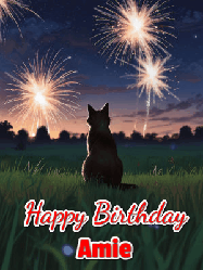 Happy Birthday Amie GIF: An animated gif at night showing the backside of a sitting cat who watches sparkle and fireworks over a meadow. Customize name and happy birthday.