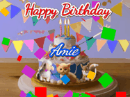 Happy Birthday Amie GIF: Happy Birthday Cake GIF with a cat, lamb, and squirrel on the cake with flickering candles, a sparkler, and falling confetti. Reads Happy Birthday Name and you can customize the name