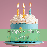 Happy Birthday Amie GIF: Sparkles fly over a birthday cake that has 3 flickering candles, text in a colored band read Happy Birthday Name.
