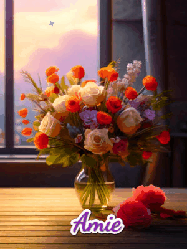Happy Birthday Amie GIF: A vase of flowers and animated hearts pop in and out as the words Happy Birthday Name appears that you can customize