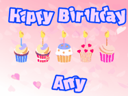 Happy Birthday Amy GIF: Pink animated birthday gif with 5 cupcakes and candles and animated text you can customize with name.