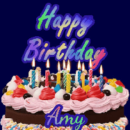 Happy Birthday Amy GIF: A dark blue birthday gif with a beautiful cake with flickering candles, background sparkles and a name to customize.