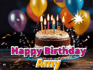 Happy Birthday Amy GIF: A birthday cake with flickering candles gif with text reading Happy Birthday and a Name slot to customize