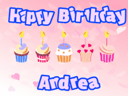 Happy Birthday Andrea GIF: Pink animated birthday gif with 5 cupcakes and candles and animated text you can customize with name.