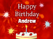Happy Birthday Andrew GIF: A bright red happy birthday gif animated with a cake candle, and glitter and sparkles. Customize with name.