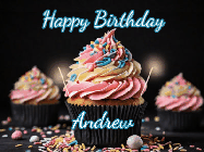 Happy Birthday Andrew GIF: A delicious cupcake gif with animated sparkles reading Happy Birthday with a name to customize