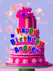Happy Birthday Andrew GIF: A big beautiful birthday cake gif with falling confetti, sparklers, and balloons, reads Happy Birthday Name. Customize it.