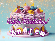 Happy Birthday Andrew GIF: A beautiful birthday cake gif with animated sparkles and glitter Happy Birthday Name you can customize