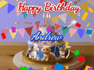 Happy Birthday Andrew GIF: Happy Birthday Cake GIF with a cat, lamb, and squirrel on the cake with flickering candles, a sparkler, and falling confetti. Reads Happy Birthday Name and you can customize the name