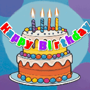 Happy Birthday Andy GIF: Festive birthday cake GIF with name, stars, hearts, and confetti streaking past and flickering candles.